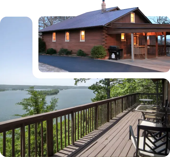 Log Cabin with deck view of lake